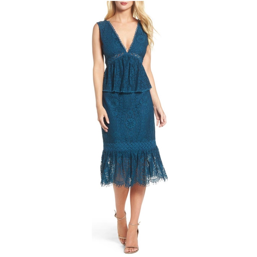 Foxiedox Emilia Crochet Lace Plunge Neck Peplum Midi Dress Dark Teal Blue S NWT